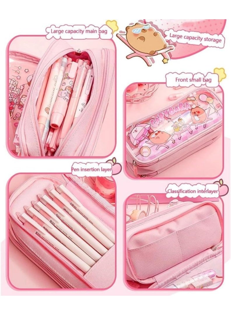 Large capacity transparent fabric pencil case with cute cartoon print, 3 compartments for organizing stationery, multi-functional, with a durable zipper design (Cute Girl) - Image 5